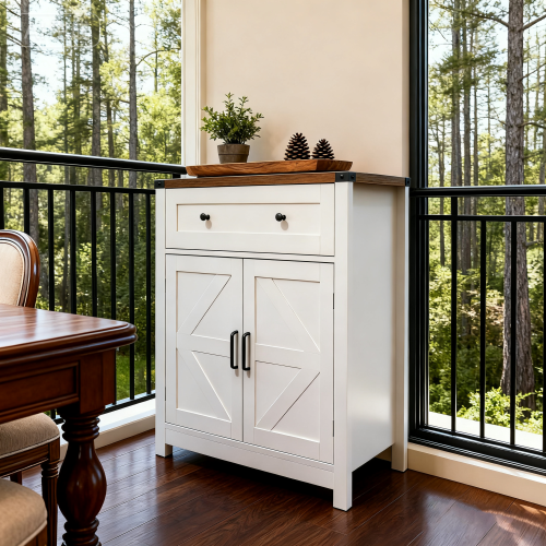 White & Wood-Grain Top Farmhouse Barn-Door Storage Cabinet, Coffee Bar Buffet Sideboard with Drawer for Kitchen & Living Room