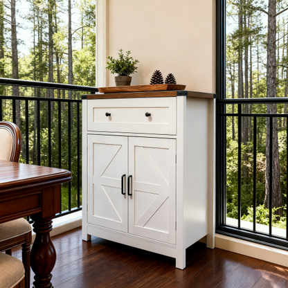 White & Wood-Grain Top Farmhouse Barn-Door Storage Cabinet, Coffee Bar Buffet Sideboard with Drawer for Kitchen & Living Room