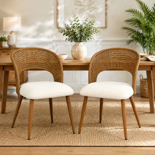Curved PE Rattan Dining Chairs with Teddy Cushions, Set of 2, Beige/Brown