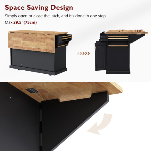 54 Inch Rolling Kitchen Island with Drop Leaf Drawers & Wheels Black
