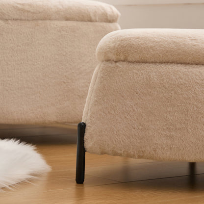 29.9 Inch Light Camel 2-Piece Nesting Faux Fur Storage Ottoman Set, Reversible Tray Lid Footstool with Metal Legs, 275 LBS
