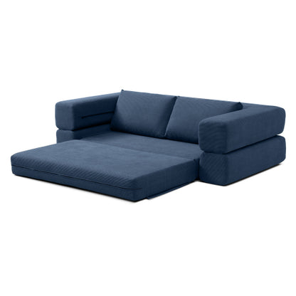 81 inch  Blue Corduroy 3-in-1 Boneless Convertible Floor Sofa-Bed with Pillows