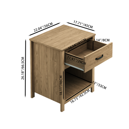 Wood Nightstand with Drawer and Open Shelf, Modern Bedside Table with Storage, Wooden End Table for Bedroom, Living Room or Apartment, Natural Finish, Brown