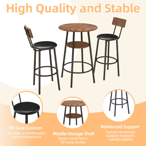 3 Pieces Round Bar Table and Chairs Set, Small Dining Table for 2 with 2-Tier Storage & 2 PU Upholstered Bar Stools for Kitchen, Dining Room, Living Room, Bar, Cafe, Small Space Corner, Rustic Brown