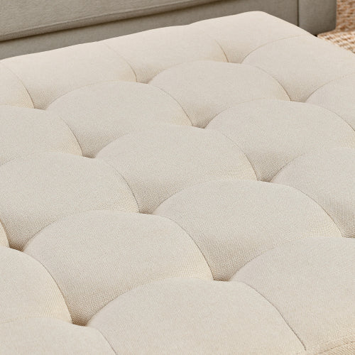 Upholstered Coffee Table Tufted Linen Large Square Ottoman with Beech Wood Shelf and Frame, Oversized Footrest Ottoman for Living Room,Office,Bedroom,Outdoor IVORY