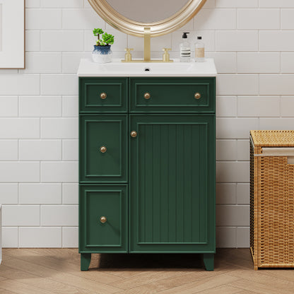 24" Forest Green Bathroom Vanity Cabinet with Ceramic Sink, 2 Drawers, 1 Soft-Close Door