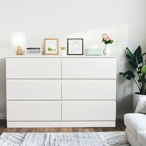 6 Drawer White Dresser, Modern Dresser for Bedroom with Spacious Countertop, Wood Storage Cabinet with Concealed Handles & 6 Deep Drawers for Bedroom, Living Room, Entryway, 15.7" D x 47.2" W x 30.9"