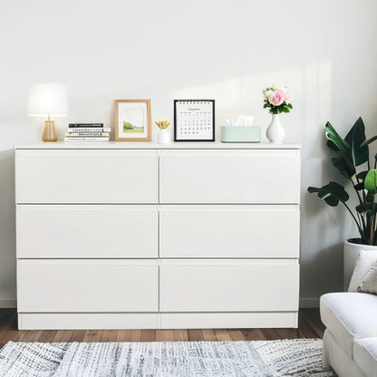 6 Drawer White Dresser, Modern Dresser for Bedroom with Spacious Countertop, Wood Storage Cabinet with Concealed Handles & 6 Deep Drawers for Bedroom, Living Room, Entryway, 15.7" D x 47.2" W x 30.9"