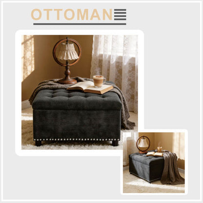 Dark Grey Tufted Square Storage Ottoman with Nailhead Trim, Upholstered Footstool for Living Room & Bedroom