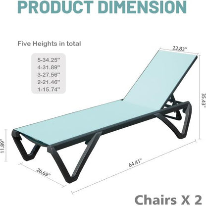 Outdoor Lounge Chair, 2 Pieces Aluminum Plastic Patio Chaise Lounge with 5 Position Adjustable Backrest and Wheels, All Weather Reclining Chair for Outdoor, Beach, Yard, Pool, Lake Blue