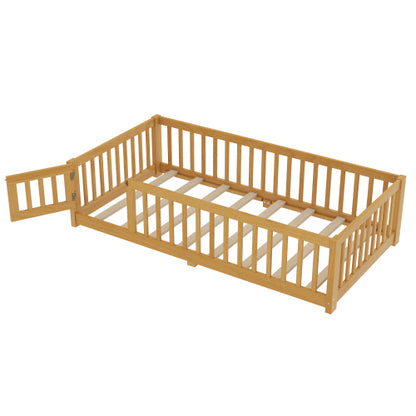 Twin Size Bed Floor Bed with Safety Guardrails and Door for Kids, Natural