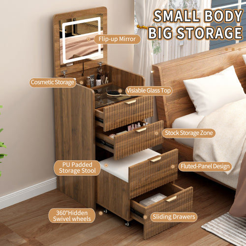 Walnut 3?in?1 Flip?Top Vanity Desk with Rolling Stool, LED Lights & Fluted Drawer