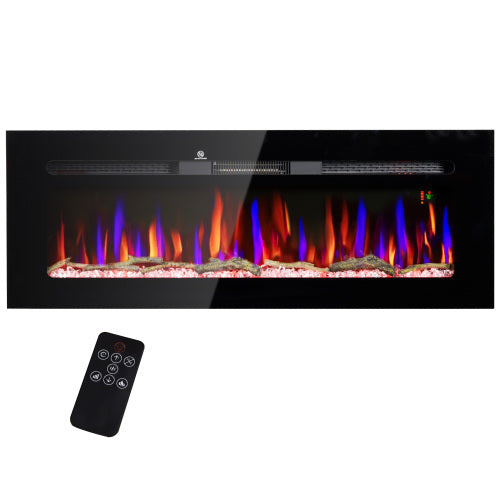 HOMCOM 50" Electric Fireplace Recessed and Wall Mounted with Remote Control, 1500W Fireplace Heater with 8H Timer, Adjustable Flame Color and Brightness, Log and Crystal