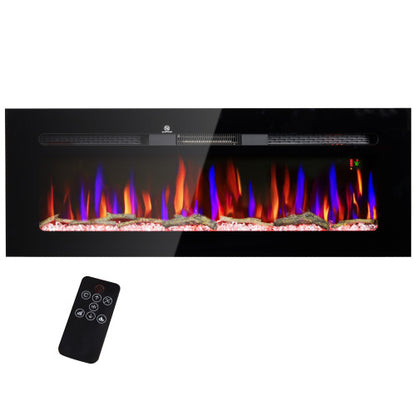 HOMCOM 50" Electric Fireplace Recessed and Wall Mounted with Remote Control, 1500W Fireplace Heater with 8H Timer, Adjustable Flame Color and Brightness, Log and Crystal