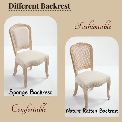 Set of 2 Beige French Country Fan Rattan Back Dining Chairs, Carved Wire Drawing Solid Wood Disassemblable Chairs