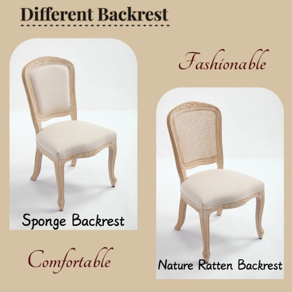 Set of 2 Beige French Country Fan Rattan Back Dining Chairs, Carved Wire Drawing Solid Wood Disassemblable Chairs