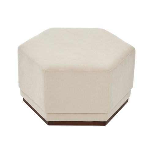 Modern Hexagon Chenille Ottoman, Beige Upholstered Footrest with Solid Wood Base, Fully Assembled Accent Stool