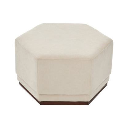 Modern Hexagon Chenille Ottoman, Beige Upholstered Footrest with Solid Wood Base, Fully Assembled Accent Stool