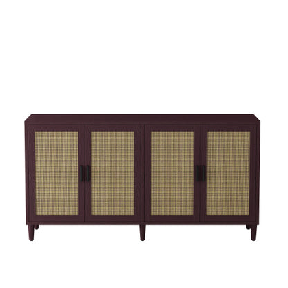 70 Inch Brown Rattan Four-Door Sideboard MDF Solid Wood Leg Adjustable Shelf Easy Assembly Home Storage Cabinet
