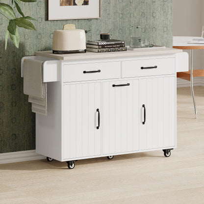 Kitchen Island Cart with Trash Storage Drop Leaf and Adjustable Shelves White