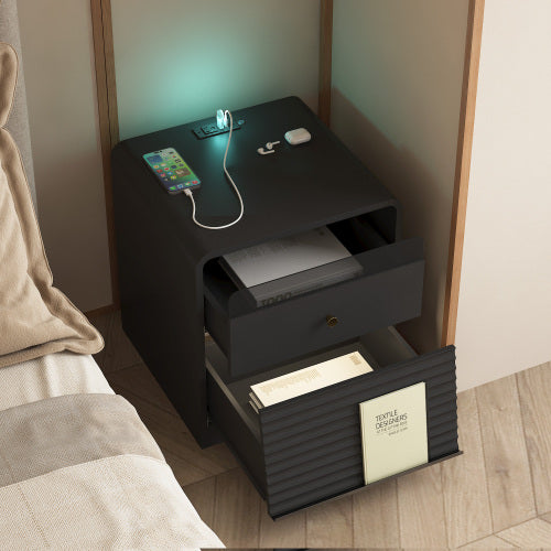 Black Smart Nightstand, Voice Control Night Light, Touch LED Strip & Charging Station