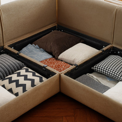 24 Inch Camel Chenille Ottoman Sofa, Modular Storage Upholstered Ottoman with Ergonomic Cylindrical Support