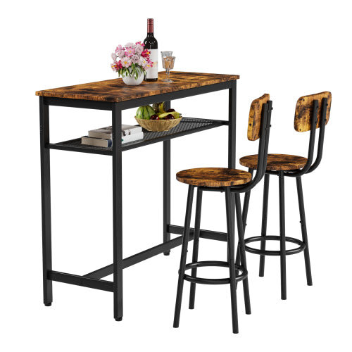 3-Piece Rustic Brown Bar Set, Table with Partition & 2 Backrest Stools