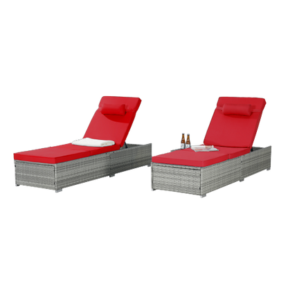 Outdoor Chaise Lounge Chair Set of 2 with Patio Pool Chairs Tanning Lounges for Outside,Beach Rattan Recliners with Adjustable Backrest, Table, Cushion for Poolside Backyard Garden