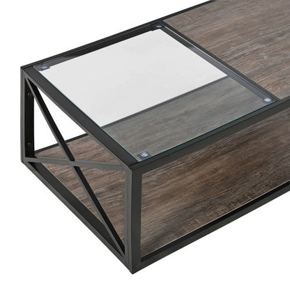 39.37inch  Industrial Coffee Table, Tempered Glass & Wood Grain MDF, X-Frame Metal Base, 220lbs Capacity