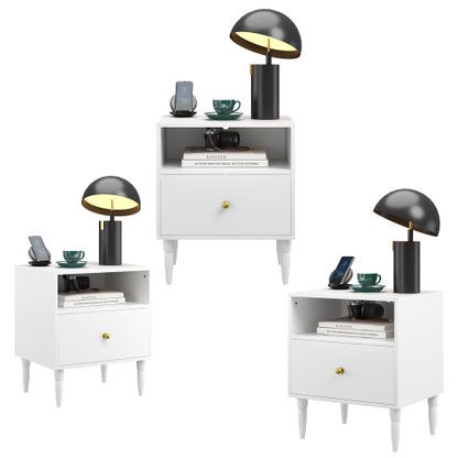 Modern White Nightstand with Drawer and Open Shelf, Bedside Table with Gold Knob, Solid Wood Legs, Small End Table for Bedroom, Living Room