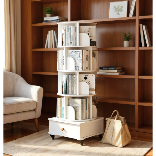 White 5-Tier 360¡ã Rotating Wooden Bookshelf with Single Drawer, Space-Saving Corner Home Organizer
