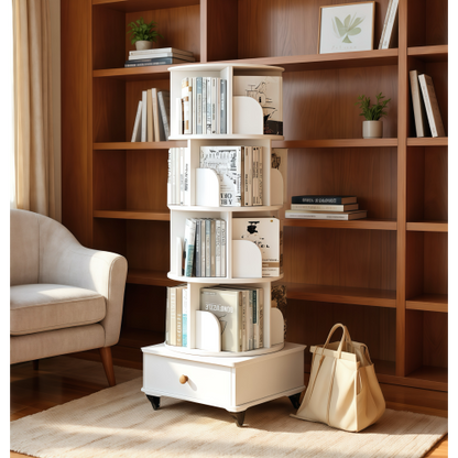 White 5-Tier 360¡ã Rotating Wooden Bookshelf with Single Drawer, Space-Saving Corner Home Organizer