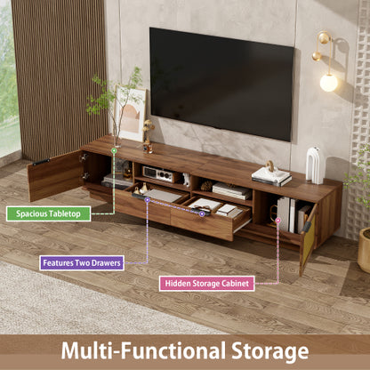 78.74 inch Walnut 2 Rattan Door 2 Drawer Legless TV Stand Open Shelf Media Console Supports 85 inch TV