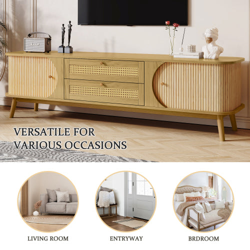 66.93 Inch Brown Farmhouse Rattan Sliding Door TV Stand Solid Wood Legs Fits 75 Inch TV
