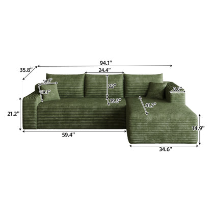 95 inch  Green Plush Corduroy U-Shaped Cloud Modular Sofa, No Assembly