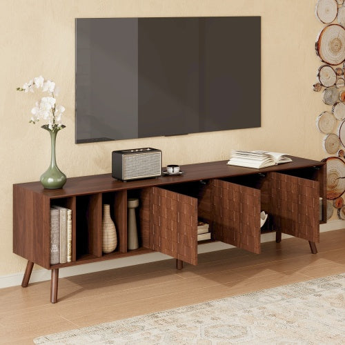 68 inch Mid-Century Modern TV Stand with Solid Wood Legs, Storage Cabinets & Open Shelves