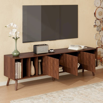 68 inch Mid-Century Modern TV Stand with Solid Wood Legs, Storage Cabinets & Open Shelves