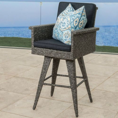 30" Outdoor Wicker Swivel Barstool with Water Resistant Cushion, Mixed Black and Dark Grey