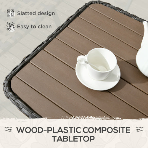 Outsunny Patio PE Rattan Coffee Table with Storage Shelf, Hand-Woven Wicker Outdoor Side Table, 2-Layer Storage Table with Wood-plastic Composite Top, for Garden, Porch, Backyard, Mixed Brown