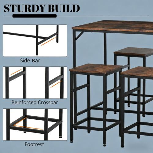 5-Piece Rustic Brown & Black Dining Set, Wood & Steel Counter Height Table with 4 Space-Saving Stools