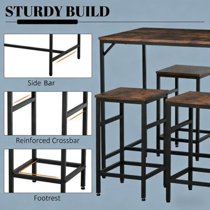 5-Piece Rustic Brown & Black Dining Set, Wood & Steel Counter Height Table with 4 Space-Saving Stools