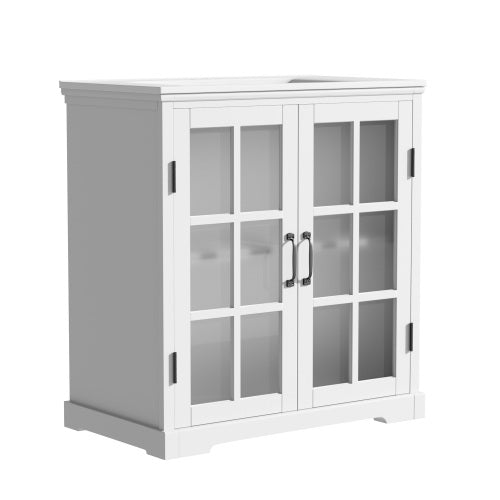 30" Modern Bathroom Vanity with Ceramic Sink, Bathroom Vanity Cabinet with Tempered Blurred Glass and Matte Black Handles, Equipped with Large Storage Space and Rubber Wood Frame, White