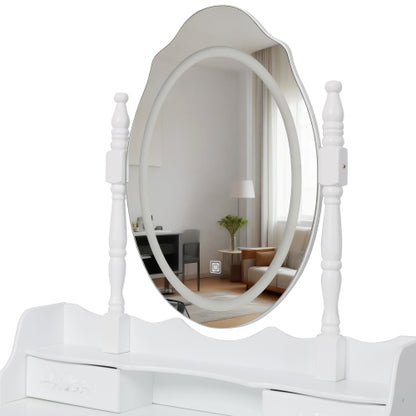 White Princess Vanity Desk Set with Mirror & Cushioned Stool,Light Modes,4-Drawer Wooden Makeup Vanity Table for Girls' Bedroom, Dressing Table with Ample Storage
