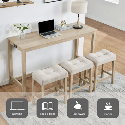 4 Piece Bar Table Set with Power Outlet,Bar Table Set with Chairs,Sofa Bar Table with Stools,Behind Couch Table with 3 Padded Stools for Living Room,Dining room, Light Oak
