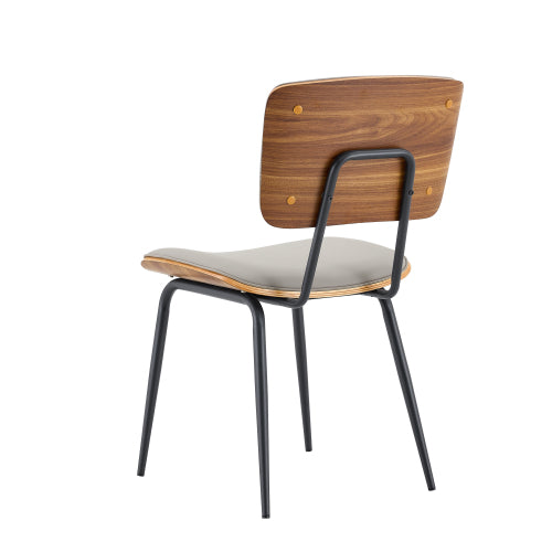 Mid-Century Faux Leather Dining Chairs Set of 2, Walnut Veneer Backrest & Metal Legs, Light Gray