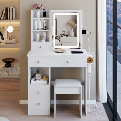 29.2" Small Size Drawer Desktop Vanity Table + Cushioned Stool, 2 AC+2 USB Power Station, Hair dryer bracket, Extra Large Touch Control Sliding LED Mirror, 3-color Switching, EPA, GCC, UL Certificate