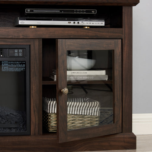 60 Inch Brown Farmhouse Glass Door TV Stand MDF Media Console with 5 Cable Holes Fits TVs Up To 65 Inch