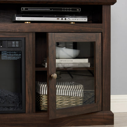 60 Inch Brown Farmhouse Glass Door TV Stand MDF Media Console with 5 Cable Holes Fits TVs Up To 65 Inch