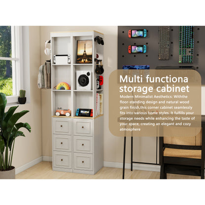 73 Inch Tall Slim Antique White Storage Cabinet 3 Drawers & Side Hooks Home Display Bookcase