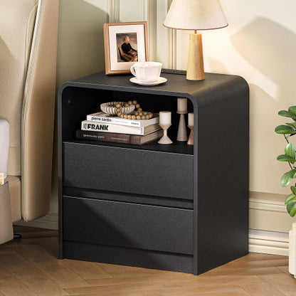 Black Smooth 2-Drawer Nightstand with Charging Station, Mid-Century USB Bedside Table